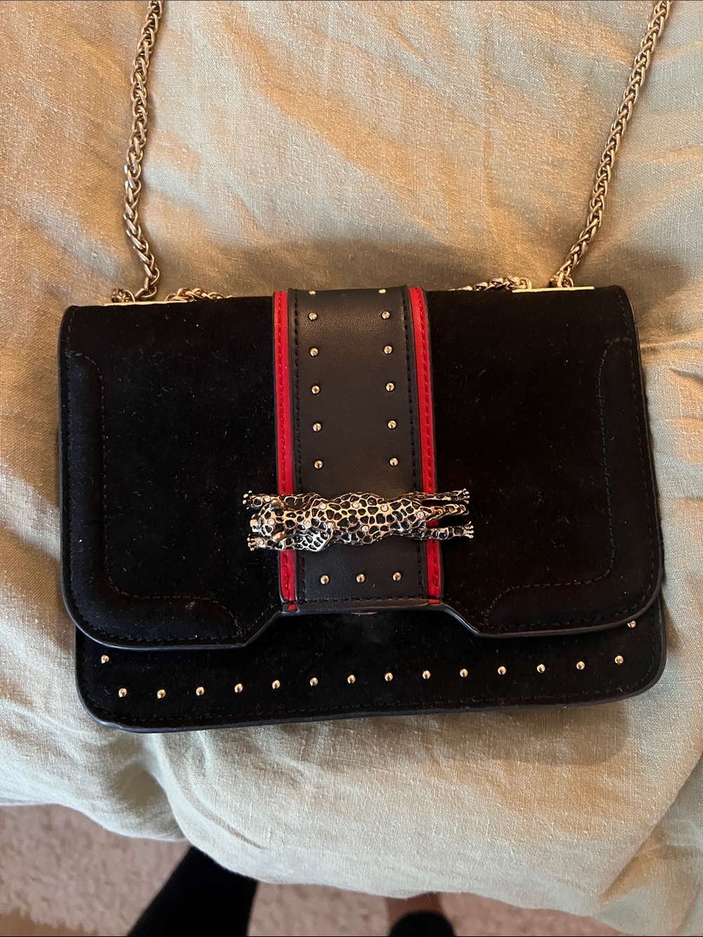 Topshop Black Velvet Crossbody Bag with Red Stripe and Silver Chain
